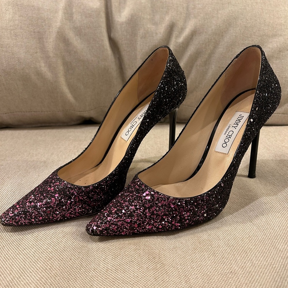 Jimmy Choo Black and Pink Glitter Pumps